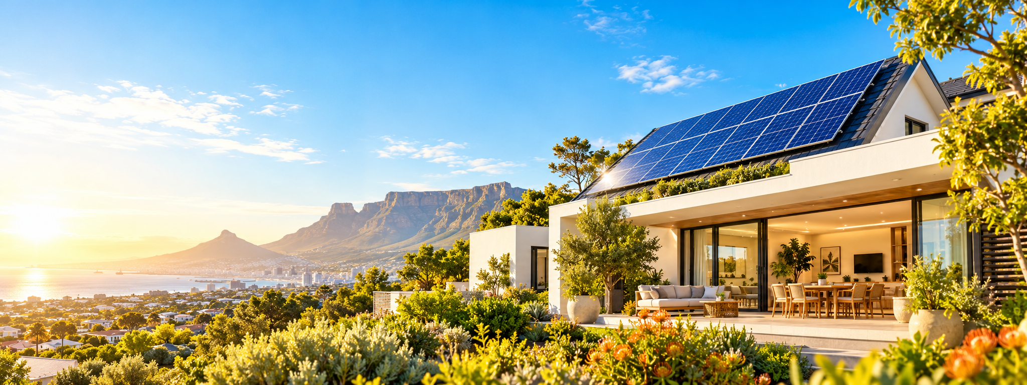 Modern South African home with rooftop solar panels