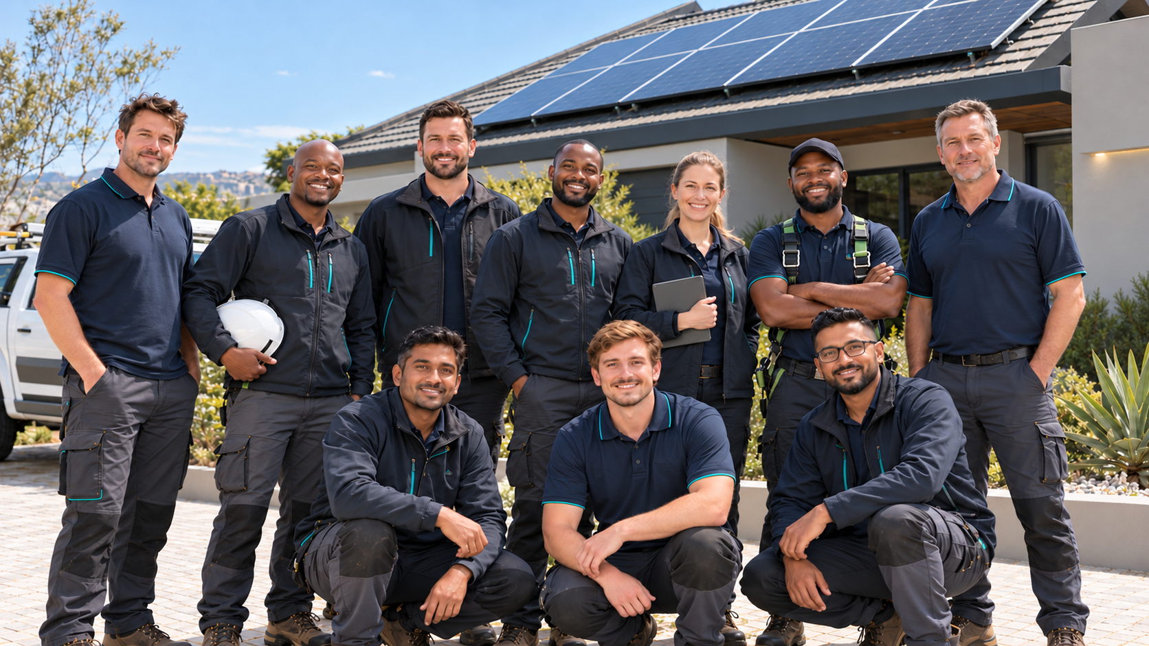 The ten-person VumaTech solar and electrical team at a completed home installation